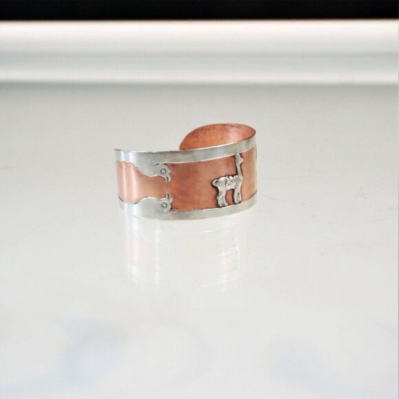Cuff Bracelet Copper With 925 Sterling Silver Vintage Alpaca Llama And Birds - Picture 10 of 11